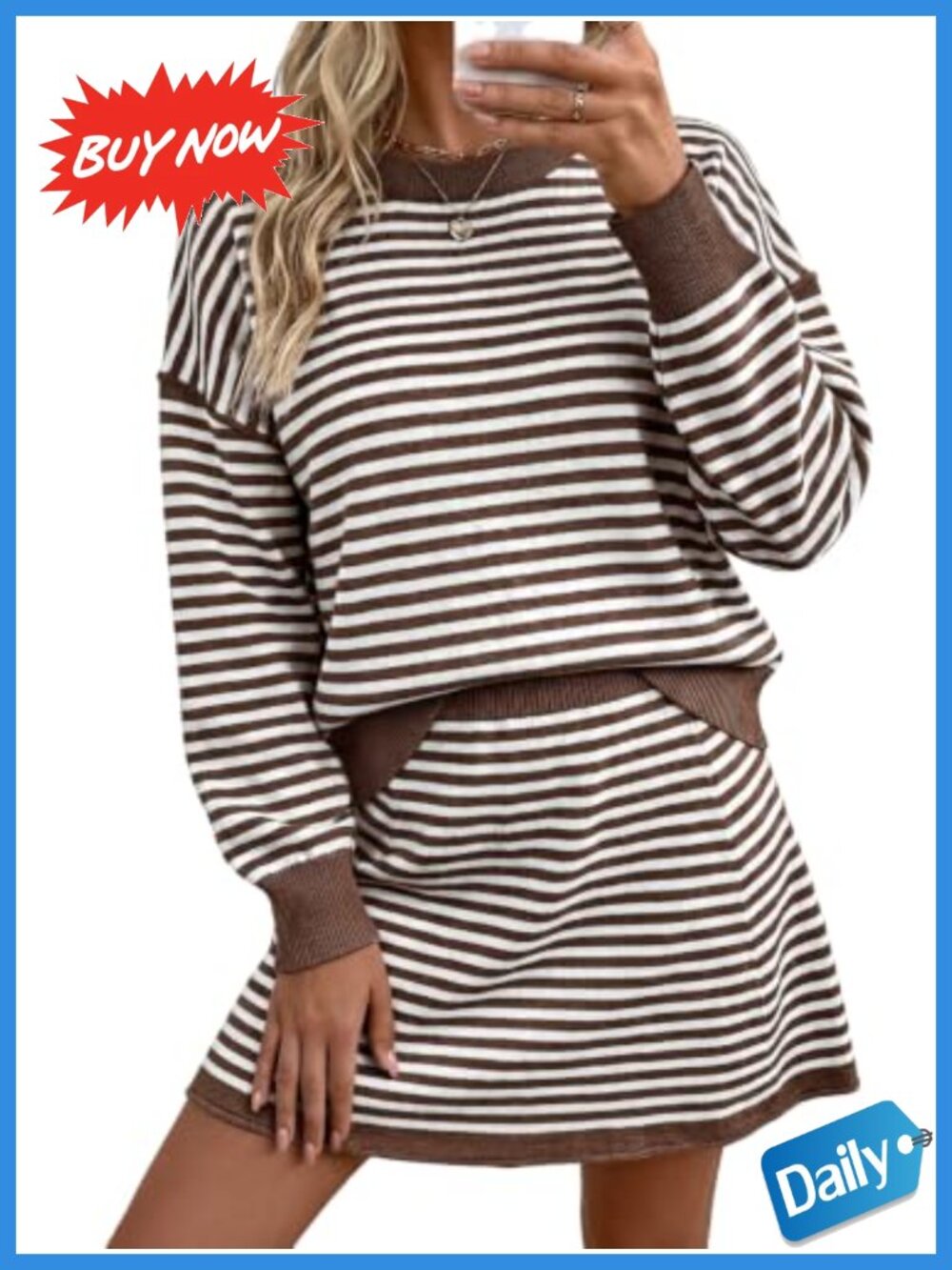 Womens 2 Piece Striped Sweater Skirt Set Knit Pullover Mini Skirt Fall Outfit